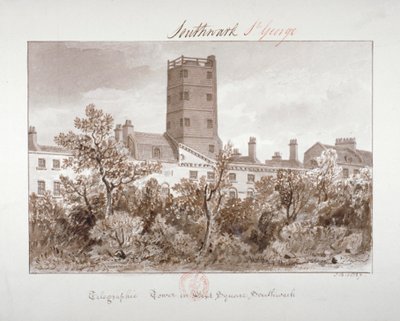 Udsigt over telegrafisk tårn på West Square, Southwark, London, 1827 af John Chessell Buckler