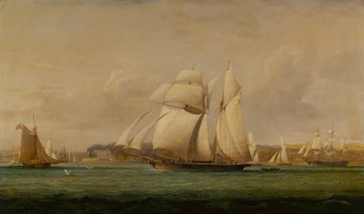En Top Sail Schooner, To Royal Yacht Squadron Cutters og et amerikansk handelsskib (olie) af John Christian Schetky