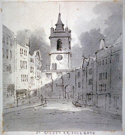 Church of St Giles uden Cripplegate fra Fore Street, City of London, 1790. af John Claude Nattes