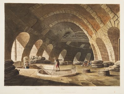Corn Market, illustration fra Versailles, Paris og Saint Denis, pub. 1805 (akvatint) af John Claude Nattes