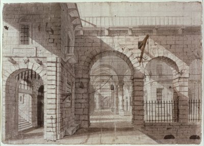 Newgate Prison Courtyard (blæk og vask på papir) af John Claude Nattes