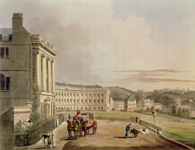 The Crescent, detalje af gaden, fra Bath Illustreret af en serie af udsigter, indgraveret af John Hill 1770-1850 pub. af William Miller, 1804 akvatintedetalje af 92988 af John Claude Nattes