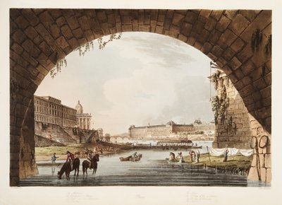 Louvre; Mønten; De 4 Nationers Kollegium; Genforeningsbroen, illustration fra Versailles, Paris og Saint Denis, pub. 1805 (akvatint) af John Claude Nattes