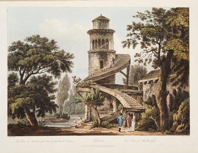 Trianon, The Tower of Marlborough, illustration fra Versailles, Paris og Saint Denis, pub. 1809 (akvatint) af John Claude Nattes