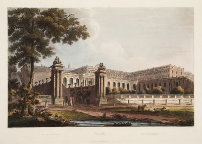 Versailles fra The Orangerie, illustration fra Versailles, Paris og Saint Denis, pub. 1805 (akvatint) af John Claude Nattes