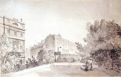 Udsigt over Fitzroy Square med to figurer, der trækker en haverulle, ca. 1808 (blæk og vask på papir) af John Claude Nattes