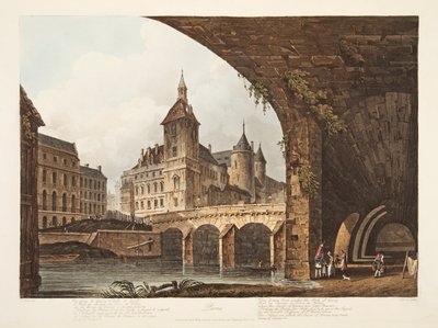 Udsigt over Pont-au-Change, Tour de lHorloge og Conciergerie, illustration fra Versailles, Paris og Saint Denis, pub. 1807 (akvatint) af John Claude Nattes