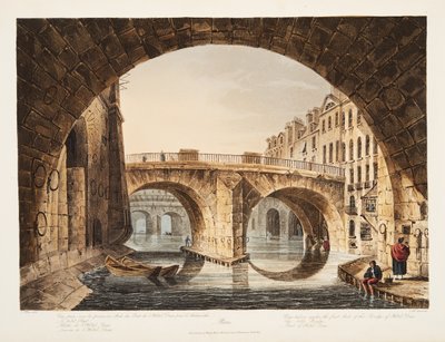 Udsigt taget fra under den første brobue af Hotel Dieu, den lille bro, en del af Hotel Dieu, illustration fra Versailles, Paris og Saint Denis, pub. 1809 (akvatint) af John Claude Nattes