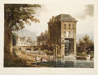 Mølle i Charenton, illustration fra Versailles, Paris og Saint Denis, pub. 1807 (akvatint) af John Claude after Nattes