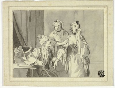 Litterær illustration: Gammel mand tilbageholder ung kvinde, som ledsages af ældre kvinde af John Collet