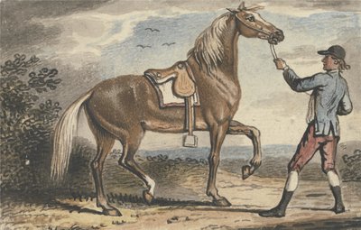 Stalddreng holder en hest i et landskab (wc på papir) af John Collet