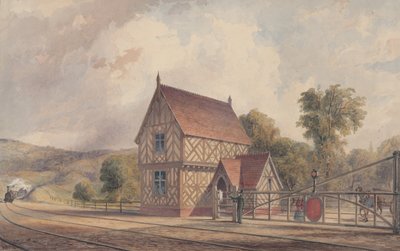 Tudor Style Rural Train Station og jernbaneoverskæring, 1844-77. af John Connell Ogle