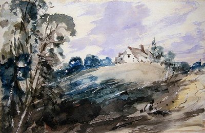 A Cottage on a High Bank (akvarel på papir) af John Constable