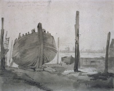En flodscene med fartøj ved solnedgang af John Constable