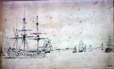 Et skib for anker og anden skibsfart i Themsen (grafit på papir) af John Constable
