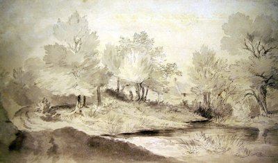 En Suffolk Pond, med hytter i det fjerne (blyant og vask på papir) af John Constable