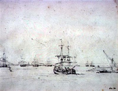 En brig for anker og anden skibsfart i Themsen (grafit på papir) af John Constable