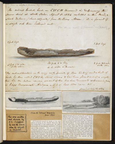 Antikviteter: Tegning af gammel britisk kano fundet (1824) ved North Stoke af John Constable
