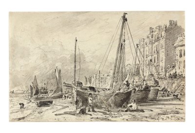Strandede fiskerbåde med fiskere, der reparerer net på stranden ved Brighton, med udsigt mod vest, ca. 1824-28 af John Constable