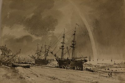 Brighton Beach med en regnbue: Colliers Unloading, ca. 1792 (akvarel på papir) af John Constable