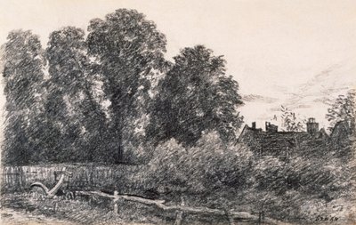 Landskab med elmetræer og et hus (grafit på papir) af John Constable