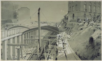 Opbygning af støttemure ved Park Street, Camden Town, september 1836 (pen & blæk og vask på papir) af John Cooke Bourne