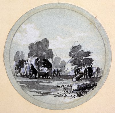 Cleaning, London & Birmingham Railway, ca. 1838 (pen & blæk og vask på papir) af John Cooke Bourne
