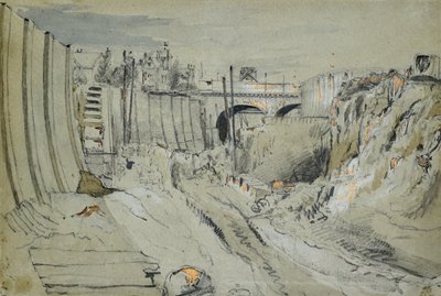 Lontoon ja Birminghamin rautatien rakentaminen, n. 1835 (kynä ja pesu paperille) af John Cooke Bourne