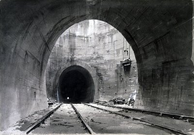 Fantastisk ventilationsskakt, Kilsby Tunnel, Northamptonshire, 1837-38 (pen & blæk og vask på papir) af John Cooke Bourne