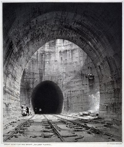 Fantastisk ventilationsskakt, Kilsby Tunnel, Northamptonshire, 1838 (pen & blæk og vask på papir) af John Cooke Bourne