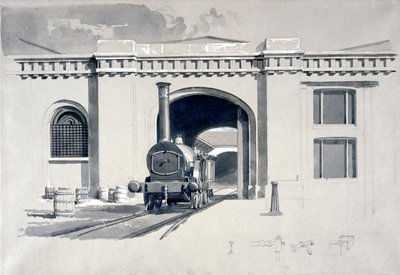 Locomotive Engine House, Camden Town, 1839 (pen & blæk og vask på papir) af John Cooke Bourne