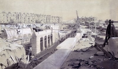 Mornington Crescent - Line under opførelse, september 1836 (pen & blæk og vask på papir) af John Cooke Bourne