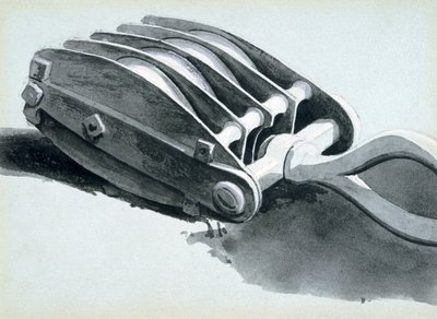 Remskive brugt i jernbanekonstruktion, 1833-38 (pen & blæk og vask på papir) af John Cooke Bourne