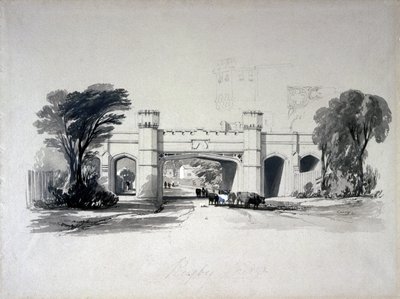 Rugby-jernbanebroer set fra vejen, Warwickshire, april 1839 (pen & blæk og vask på papir) af John Cooke Bourne