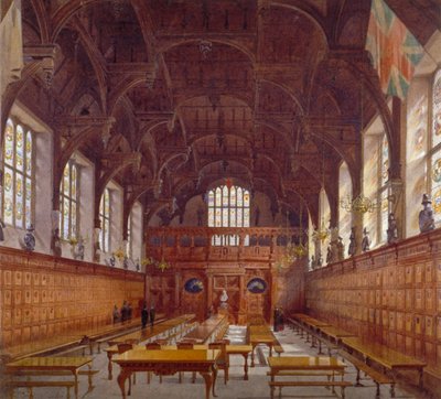 Indvendigt billede af Middle Temple Hall fra højbordet med figurer, London, 1884 af John Crowther