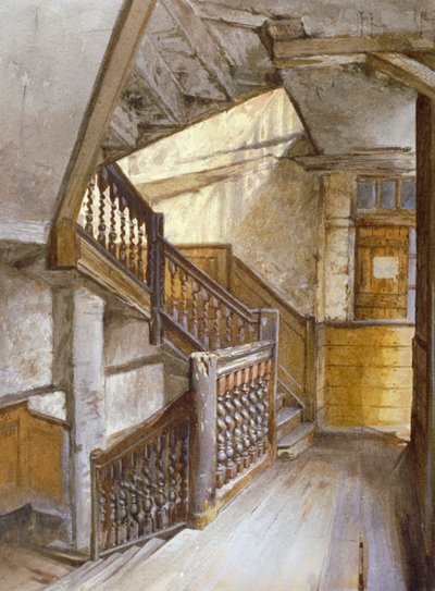 Indvendigt billede af en trappe i et hus i White Lion Court, Westminster, London, 1880 af John Crowther