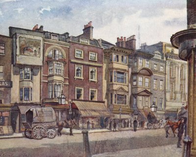 Det forsvundne London: Gamle huse i Strand, ved siden af Adelphi Theatre (farvelitografi) af John Crowther