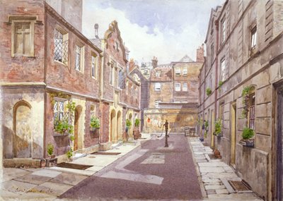 Udsigt over almissehuse i Cock Court, Jewry Street, City of London, 1886. af John Crowther