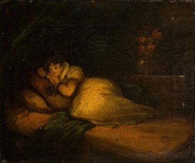 Interiør med kvinde på en seng, 1780. af John Daniel Bond