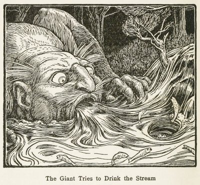 The Giant Trys to Drink the Stream, fra Europas Fairy Book, pub. 1916 (gravering) af John Dickson Batten