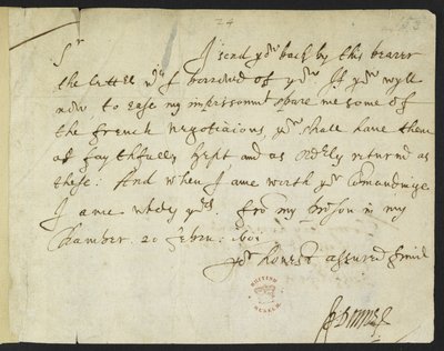 Cotton Julius C. III, f.153 Autografbrev fra John Donne til Sir Robert Cotton, skrevet fra fængslet, 20. februar 1601 (blæk på papir) af John Donne