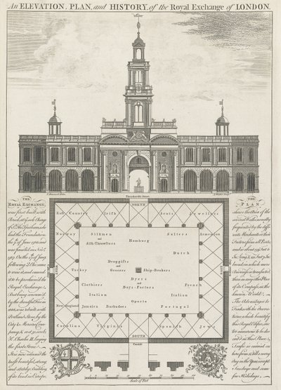 En højde, plan og historie af Royal Exchange of London af John Donowell