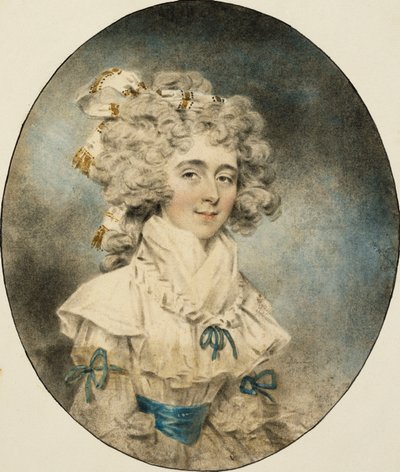 Portræt af fru Fisher, halv længde, i en hvid kjole prydet med blå bånd, 1788 af John Dowman