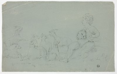 Antik bas-relief med siddende dreng, der holder falk og ledsaget af hund, får og geder af John Downman