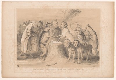 Pagt mellem de wolven og de schapen Traktaten mellem fårene og ulvene. Efter Les Loups et les Brevis af Granville (titel på objekt) HB Sketches (serietitel på objekt) af John Doyle