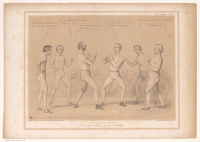 Spotprent mødte Lord Bentinck og Lord Lyndhurst i en bokswedstrijd Sparring. Et sæt til, uden handskerne, forresten Wind-up! (titel på objekt) HB Sketches (serietitel på objekt) af John Doyle