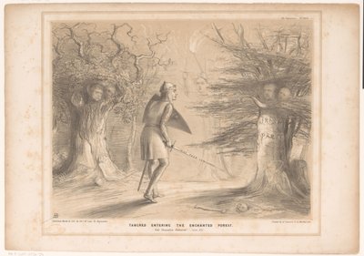 Spotprent mødte Lord Russell als Tancredi Tancred ind i den fortryllede skov. Se Jerusalem leveret. Canto XIII (titel på objekt) HB Sketches (serietitel på objekt) af John Doyle