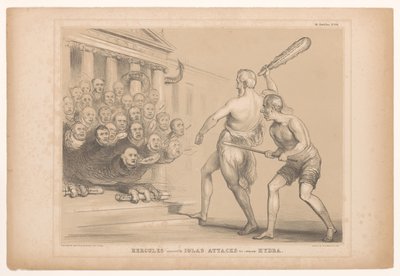 Spotprent mødte Wellington als Hercules Hercules, assisteret af Iolas angriber den (indiske) Hydra (titel på objektet) HB Sketches (serietitel på objekt) af John Doyle