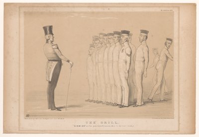 Spotprent mødte premier Peel als militaire instruktør Boret. Afvis - som du var (stabil der i bagerste række.) (titel på objekt) HB Sketches (serietitel på objekt) af John Doyle