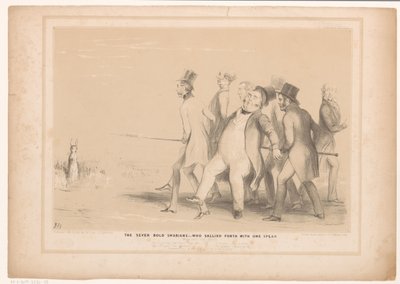 Tegneserie med syv mænd, der angriber en hare med et spyd De syv dristige schwabere: - som kom frem med et spyd (titel på objekt) HB Sketches (serietitel på objekt) af John Doyle